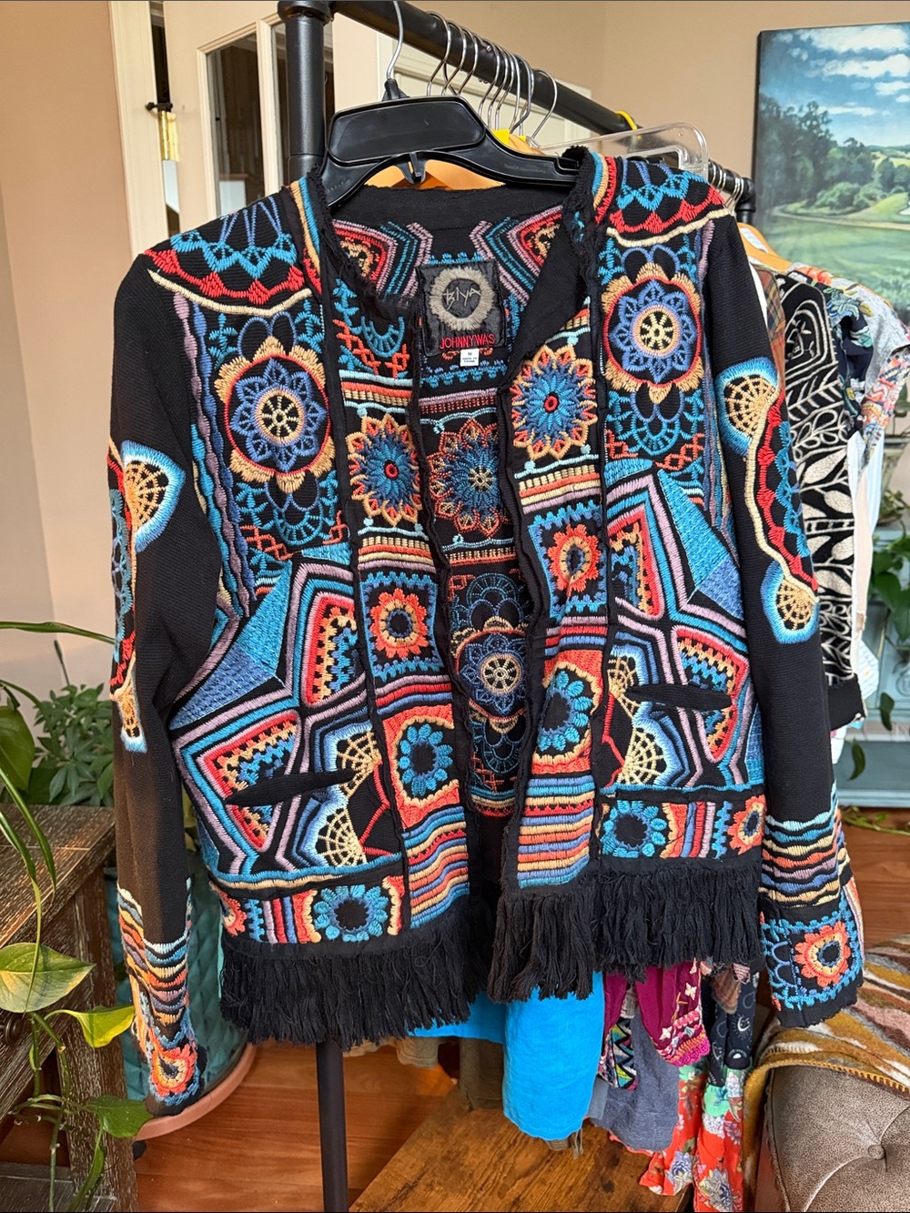 Johnny Was Black Hooded Jacket with Multicolor Embroidery